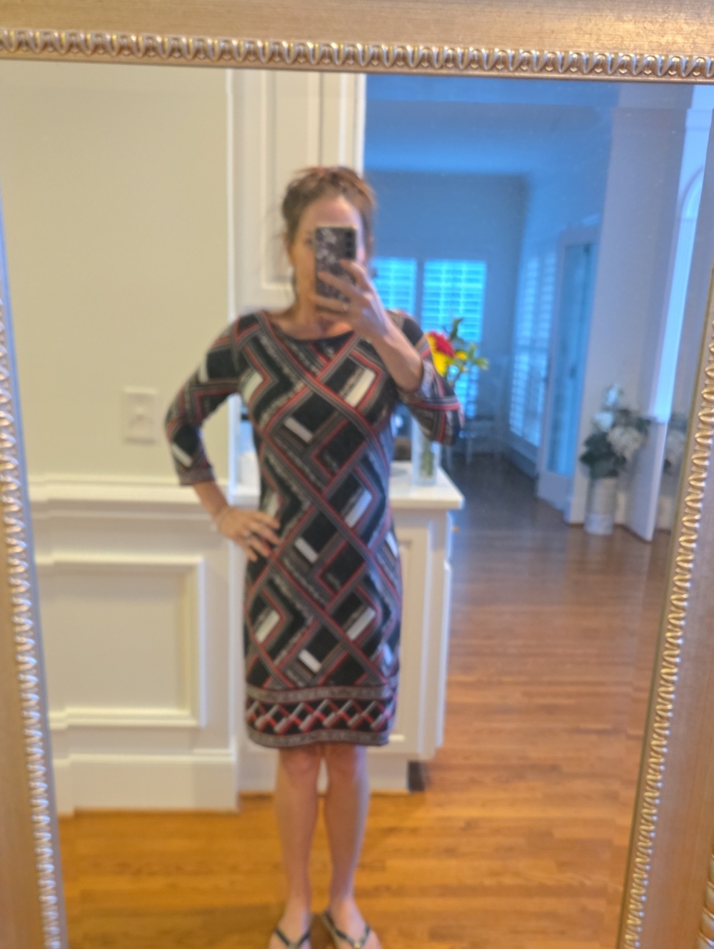 White House Black Market Black and Red Geometric Midi Dress